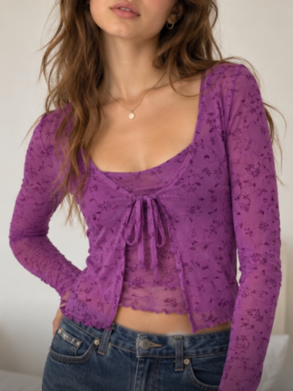 URBAN OUTFITTERS Purple Floral Sheer Two-Piece Top + Cami | Size S | NWOT